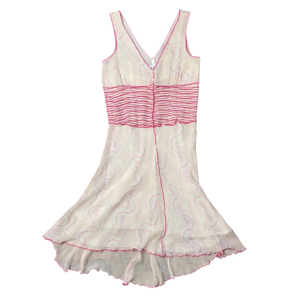Armani Exchange Silk Smocked Dress Pink White Sunburst Print Size 4 (FLAWED)